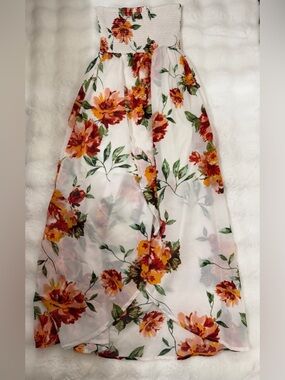 Love Squared White High-Low Maxi Skirt with Orange Floral and Green Leaves